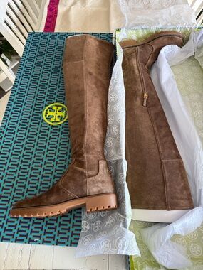 New in box Tory Burch Miller 30mm Lug Sole Over the knee Boots River Rock 8.5